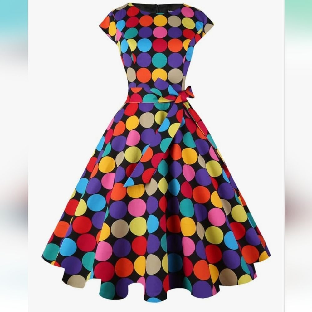 Retro 50s style rainbow circle print kidcore clowncore art teacher pride dress